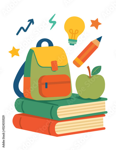 Vector illustration of a colorful school backpack, books, apple, pencil, and education symbols. Ideal for learning materials, educational websites, and print design.