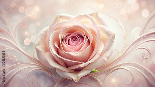 A delicate pink rose with soft petals unfolding from a heart-shaped background, surrounded by gentle swirls of pale pastel hues , pink roses, floral