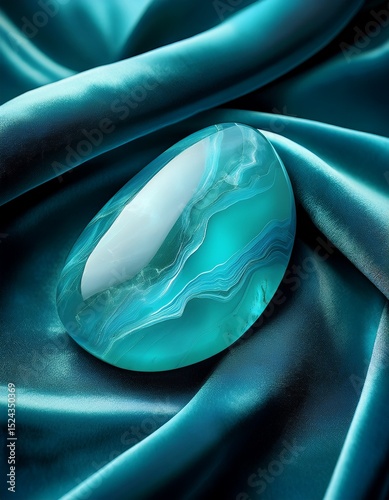 Aquamarin-Trommelstein auf blauer Seide oder Samt