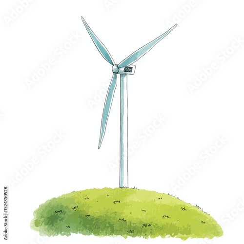 Watercolor Illustration of a Wind Turbine on a Grassy Knoll