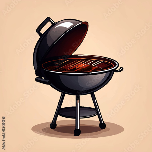 Black Charcoal Grill Illustration on Beige Background

