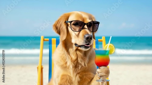 Golden retriever wearing sunglasses while relaxing on the beach  