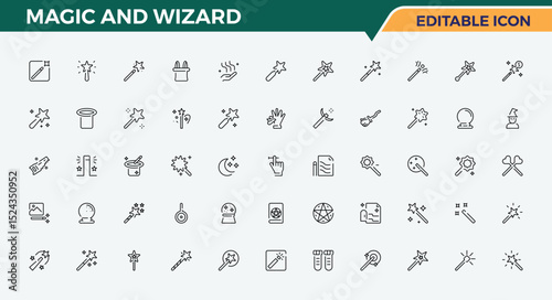 Magic And Wizard icon set. Wizard icon set. Vector icons collection. Includes symbols for wand, wizard, trick, magician, miracle and more. Vector illustration. Pixel perfect.
