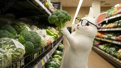 Humorous rabbit wearing glasses holding broccoli in grocery store  