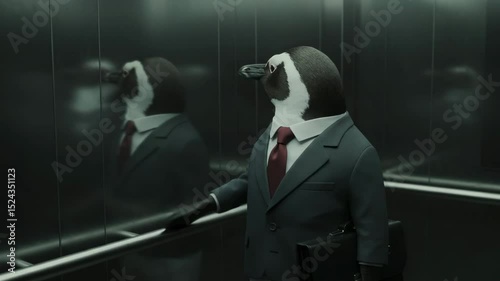 Penguin in business suit waiting in elevator with reflective walls  