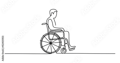 Continuous Line Art Depicting a Person in a Wheelchair Emphasizing Accessibility Inclusion and Mobility Challenges with a Clean Minimalist Aesthetic on a White Background