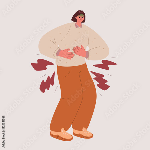 Cartoon vector illustration of woman suffering from stomach pain