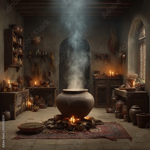 Earthen pot boiling over wood fire high resolution picture