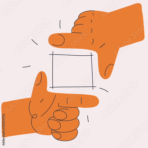 Cartoon vector illustration of hands framing an imaginary photo frame as concept of composition and creative vision