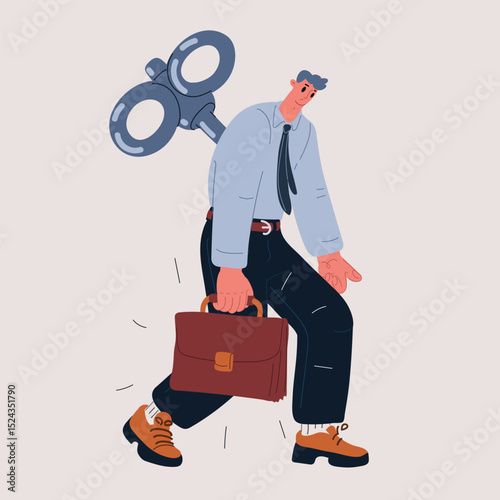 Cartoon vector illustration of person walking with wind-up key as concept of low energy and exhaustion