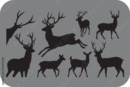 Silhouette Collection of Deer in Various Poses on a Gray Background Including Standing Walking Jumping and Partial Views of Antlers This image