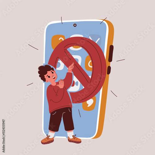 Cartoon vector illustration of boy inside phone screen trying to open locked app as concept of digital addiction and parental control