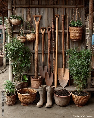 Earthy garden corner with vintage tools high resolution picture