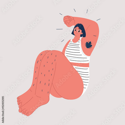 Cartoon vector illustration of woman hugging her body with body hair as concept of self-love, body positivity and acceptance