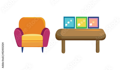 A vibrant room features a colorful array of chairs and a matching table, showcasing comfortable furniture design