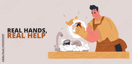 Cartoon vector illustration of a man on paternity leave washing dishes, showing care and family involvement
