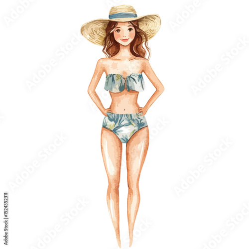 Watercolor Illustration of a Woman in a Floral Print Bikini and Straw Hat