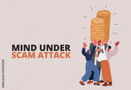 Cartoon vector illustration of a group working together to lift a pile of coins, symbolizing teamwork and financial growth