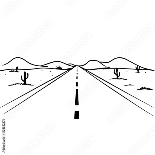 Desert Road Landscape Vector Illustration Black and White