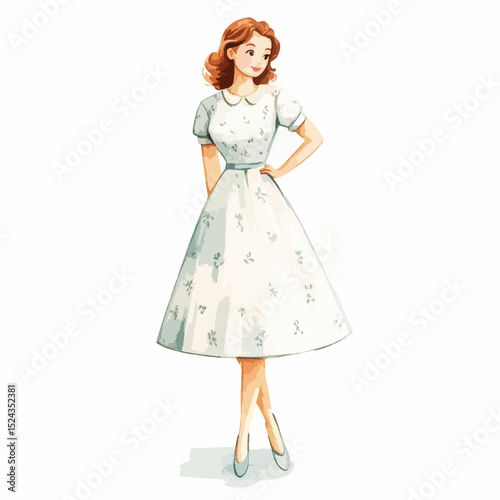 Watercolor Illustration of a Woman in a Floral Dress with Peter Pan Collar