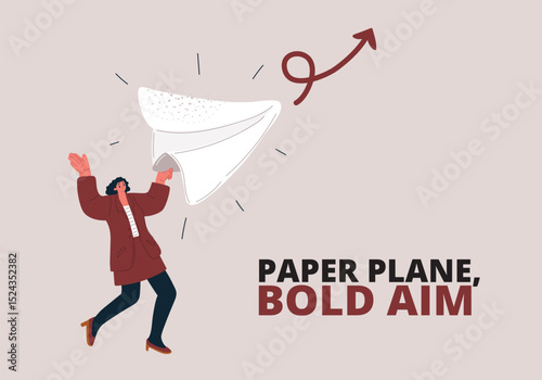 Cartoon vector illustration of a woman launching a paper airplane, representing imagination, dreams, and new beginnings