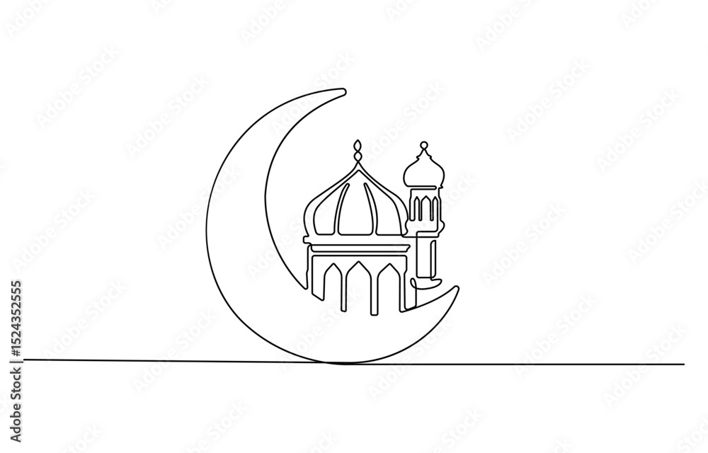 Fototapeta premium Continuous one line drawing of moon and mosque. Islamic new year concept. Muharram line art vector minimalist design. Islamic ornament white background vector illustration.