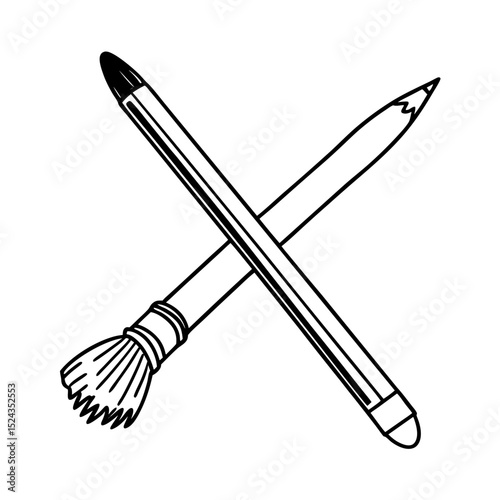Crossed Brush and Pencil Vector Illustration Line Art