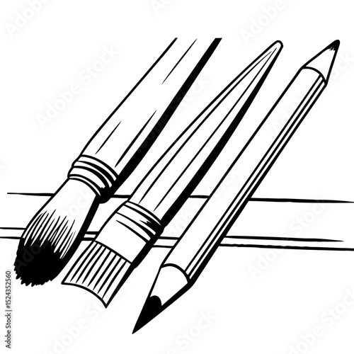 Paintbrush and Pencil Vector Illustration Monochrome Line Art