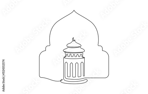 Continuous one line drawing of moon and mosque. Islamic new year concept. Muharram line art vector minimalist design. Islamic ornament white background vector illustration.