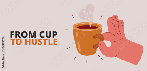 Cartoon vector illustration of a hand holding a coffee mug, symbolizing caffeine-induced anxiety and restlessness