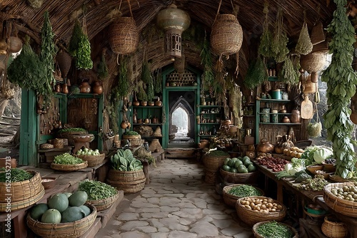 Earthy vegetable display inside bamboo shop high resolution picture