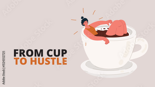 Cartoon vector illustration of a woman bathing in a giant coffee cup, symbolizing energizing ritual before a busy workday