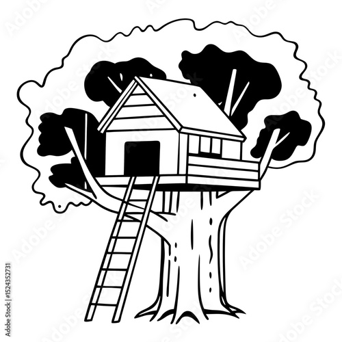 Treehouse Illustration Vector Graphic Line Art Black and White Design