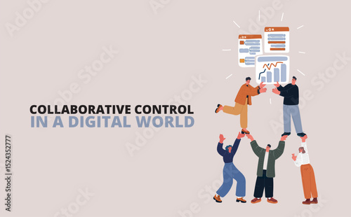 Cartoon vector illustration of people interacting with floating interface windows, symbolizing teamwork and digital collaboration