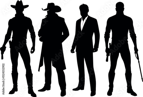 Silhouette depiction of four men including cowboys and a businessman