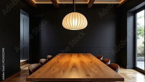 Modern Dark Dining Room with Wooden Table and Statement Pendant Light