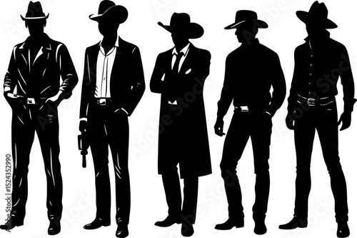 Silhouette of Old Western Cowboys in Various Poses Wearing Hats and Carrying Guns