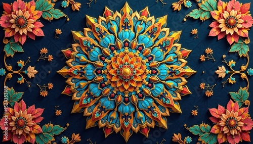 Golden arabesque floral mandala East Asian inspired , elegant, template, illustration