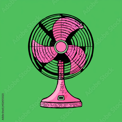 Retro Table Fan Illustration on Green Background

