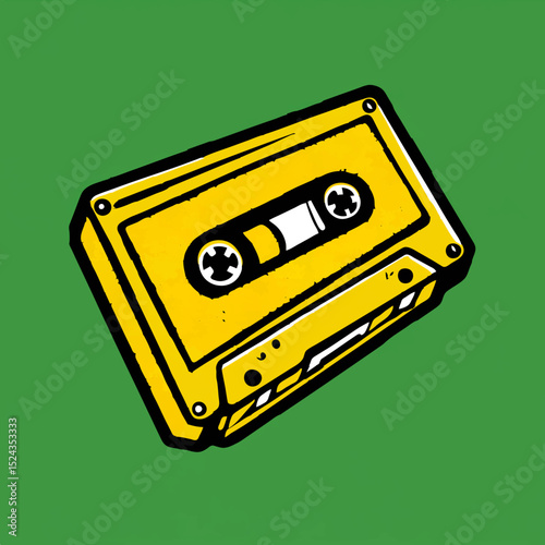 Yellow Cassette Tape Illustration on Green Background

