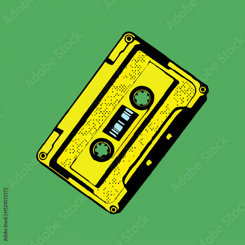 Yellow Cassette Tape Illustration on Green Background

