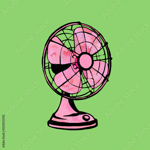 Retro Table Fan Illustration on Green Background

