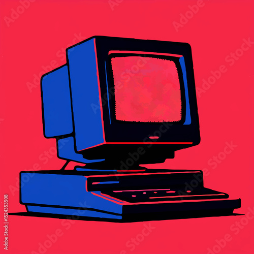 Retro Computer Illustration with Red Background

