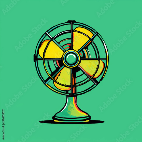 Retro Table Fan Illustration on Green Background

