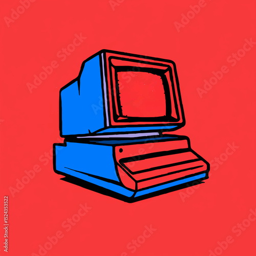 Retro Computer Illustration with Red Background

