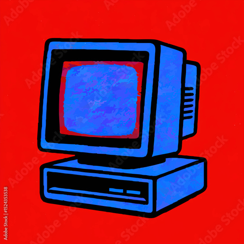 Retro Computer Illustration with Red Background

