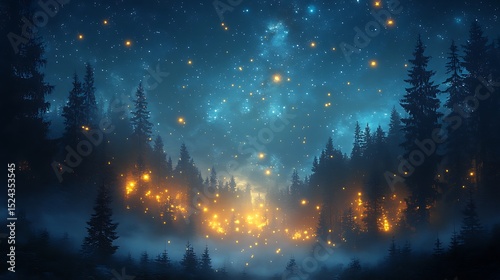 Glowing lights in enchanted forest at night