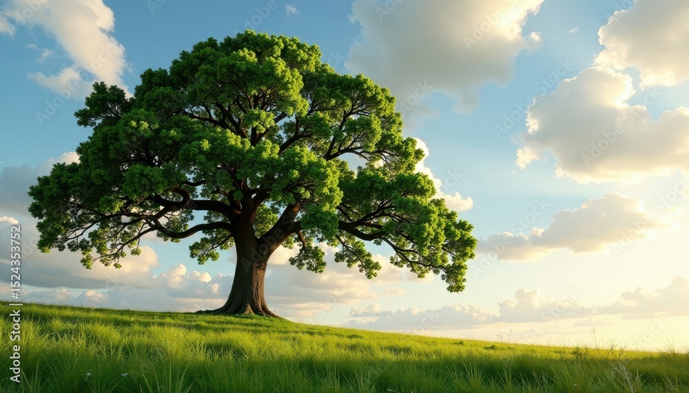 Fototapeta premium Single majestic oak, leaves rustling in breeze, vibrant, sunlight, macro