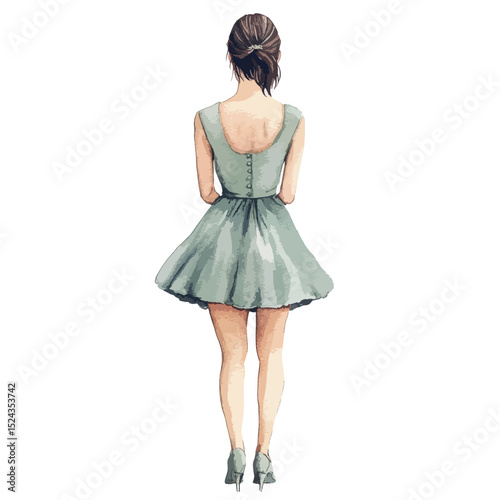 Watercolor illustration of a woman in a short dress and heels viewed from behind