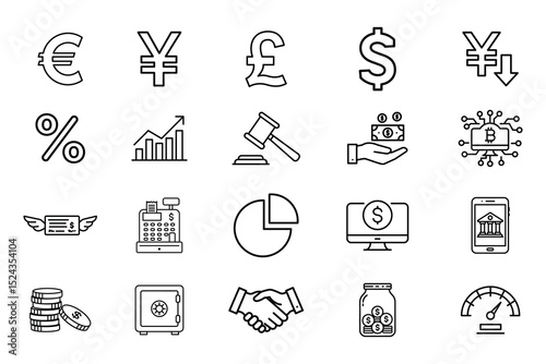 Collection of line icons depicting financial concepts: currency symbols, charts, banking, investments, and more. Perfect for business websites and apps.